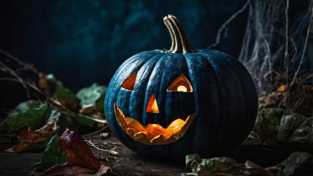 Halloween pumpkin with scary face on dark background. Halloween concept.の写真素材