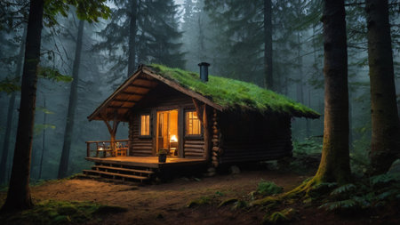Wooden hut in the forest at night. The concept of eco tourismの写真素材