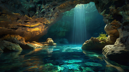 Underwater view of a cave in the sea. 3d renderの写真素材