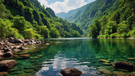 Beautiful mountain river with clear water and green forest on the backgroundの写真素材