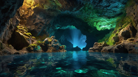 3D CG rendering of underwater cave. Computer-generated image.の写真素材