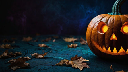 Halloween pumpkin head jack o lantern on blue background with autumn leavesの写真素材