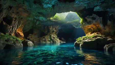 Beautiful view of a dark cave with crystal clear turquoise waterの写真素材