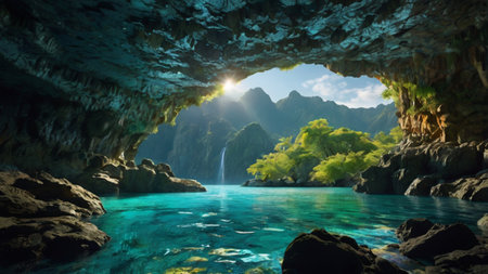 Beautiful underwater cave with turquoise water and sun rays.の写真素材