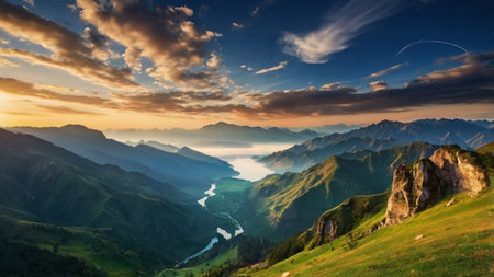Sunset in the mountains. Panoramic view of the valley and the river.の写真素材