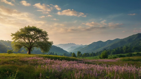 Beautiful summer landscape with a tree in the middle of a meadowの写真素材