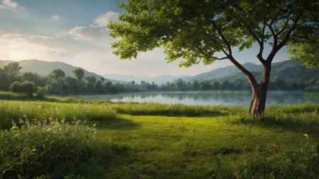 beautiful summer landscape with a lake and a tree in the morningの写真素材