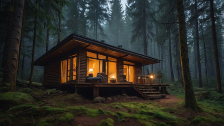 Wooden house in the forest at night with a couple sitting on the porchの写真素材