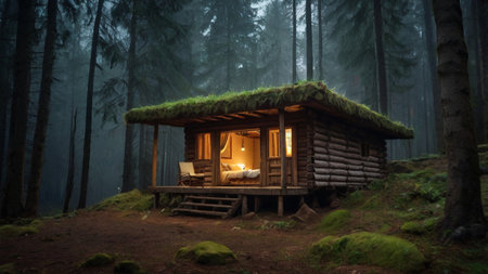 Cottage in the forest in a foggy day. 3d rendering