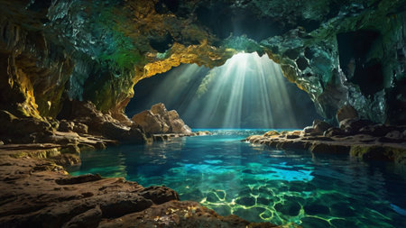 Cave with sun rays and turquoise water. 3d renderingの写真素材