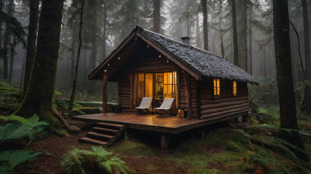 Wooden cottage in the forest at foggy morning. Wooden cottage in the forest.の写真素材