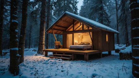 Winter night in the forest. Wooden house in the winter forest.の写真素材