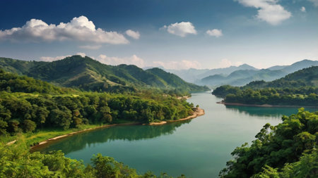 Landscape view of the river and mountains in the north of Thailandの写真素材