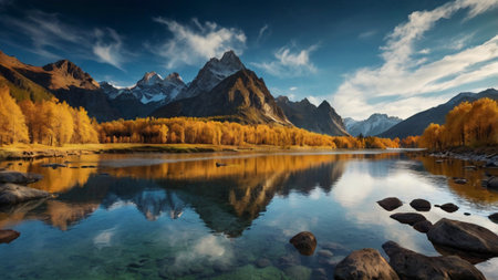 Beautiful autumn alpine lake with reflection of mountains in water.