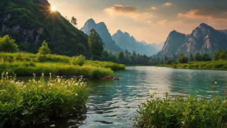 Landscape of mountain river with green grass and flowers at sunset.の写真素材
