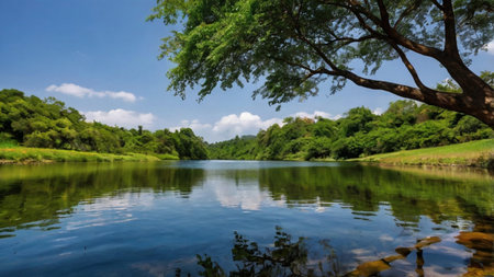 Beautiful summer landscape with river, trees and blue sky on backgroundの写真素材
