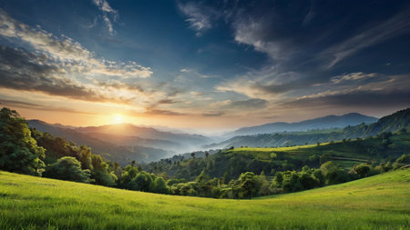 Beautiful landscape of green meadow and mountains at sunset time.の写真素材