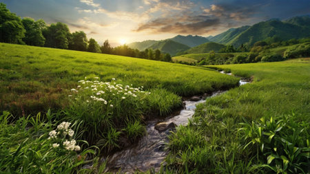 Beautiful summer landscape with mountain river and meadow at sunset.の写真素材