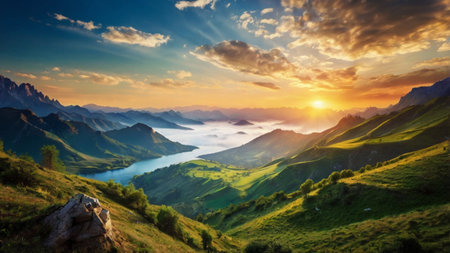 Mountain landscape at sunset. Panoramic view of the lake.の写真素材