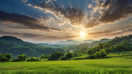 Landscape of rice field in the morning at Chiang Mai, Thailandの写真素材