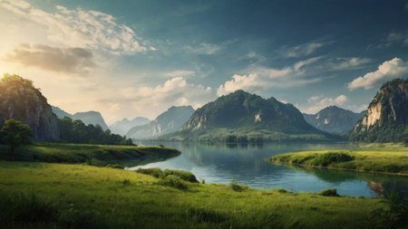 Landscape with mountain lake and green meadow in the morning.の写真素材
