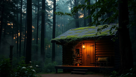 Beautiful wooden house in the forest at night. Wooden cottage in the woods.の写真素材