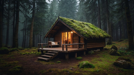 Wooden hut in the forest at night with fog. 3d renderingの写真素材