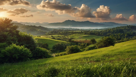 Beautiful landscape of green hills and mountains at sunset in Thailand.の写真素材