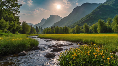 Landscape of a mountain river in the highlands of the Caucasusの写真素材