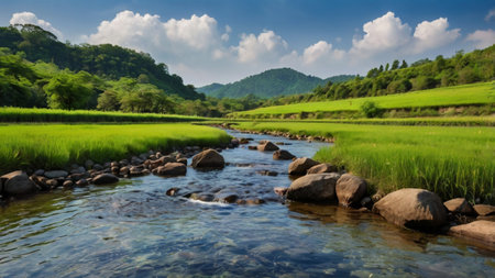 Rice field and river in the countryside of Chiang Mai, Thailandの写真素材