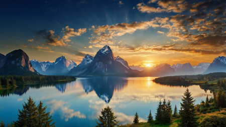 Sunset over the lake in Grand Teton National Park, Wyomingの写真素材