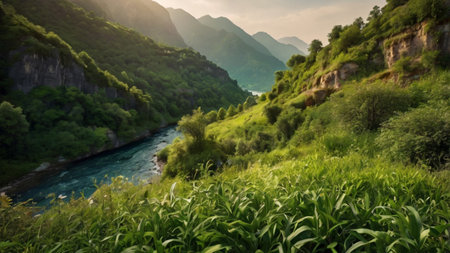 Beautiful view of the mountains and the river in the Caucasus.の写真素材