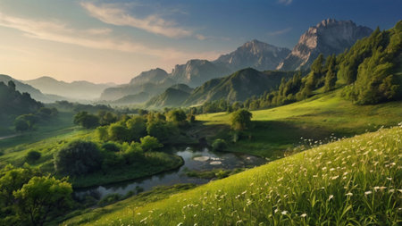 Panoramic view of alpine meadow and mountains at sunriseの写真素材