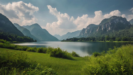 landscape of alpine lake with green meadow and mountains in backgroundの写真素材