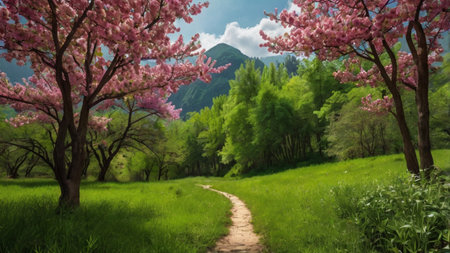 Beautiful spring landscape with blooming sakura tree in the mountainsの写真素材