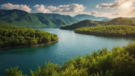 Panoramic view of the mountain lake. Beautiful summer landscape.の写真素材