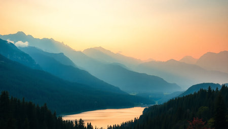 Mountain lake in the Alps at sunset. Panoramic view.の写真素材