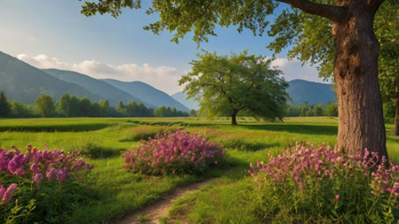 Panoramic view of a green meadow with pink flowers in the foreground