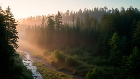 Aerial view of misty morning in the forest with river and treesの写真素材