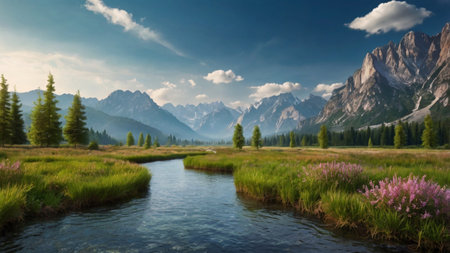 Fantastic panoramic view of the alpine meadow and mountains in the backgroundの写真素材