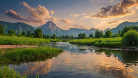 Beautiful mountain landscape with river and clouds at sunset. Panoramaの写真素材