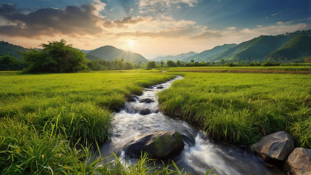 Beautiful landscape of rice field and small river in the morning.の写真素材