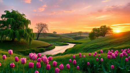 Tulip meadow at sunset in Tuscany, Italyの写真素材
