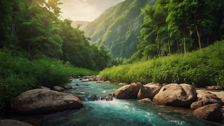 Mountain river in the forest. Nature landscape. Mountain river.の写真素材