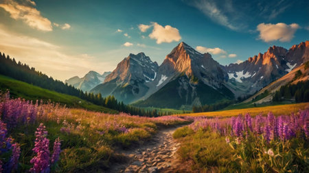 Mountain landscape with meadow and lupine flowers at sunsetの写真素材