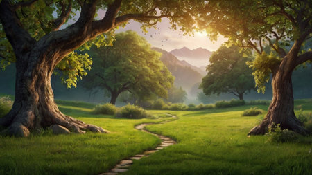 Beautiful landscape with path in the meadow and big old treeの写真素材