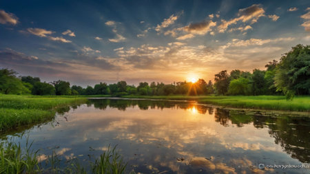 Sunset over the river in summer. Landscape with river and skyの写真素材