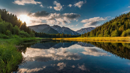 Sunset on the mountain lake. Tatra National Park, Poland.の写真素材