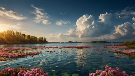 Beautiful sunset over the lake with pink lotus flowers and blue skyの写真素材