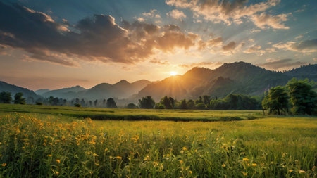 Sunset in rice field with mountain and forest in the background.の写真素材